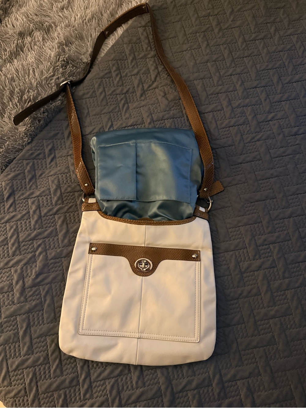 Coach Two-Tone Crossbody Bag in Cream, Teal and Brown